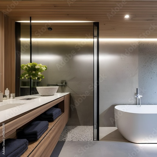 18 A contemporary  minimalist bathroom with a mix of white and natural wood finishes  a large  frameless mirror  and a mix of open and closed storage4  Generative AI