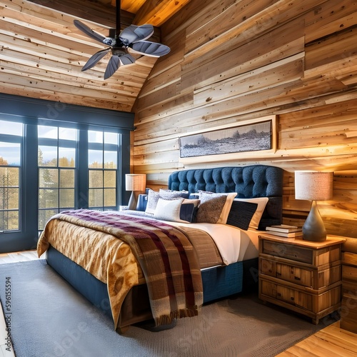 10 A cozy, cabin-inspired bedroom with a mix of wooden and plaid finishes, a classic log bed, and a mix of patterned and solid bedding5, Generative AI