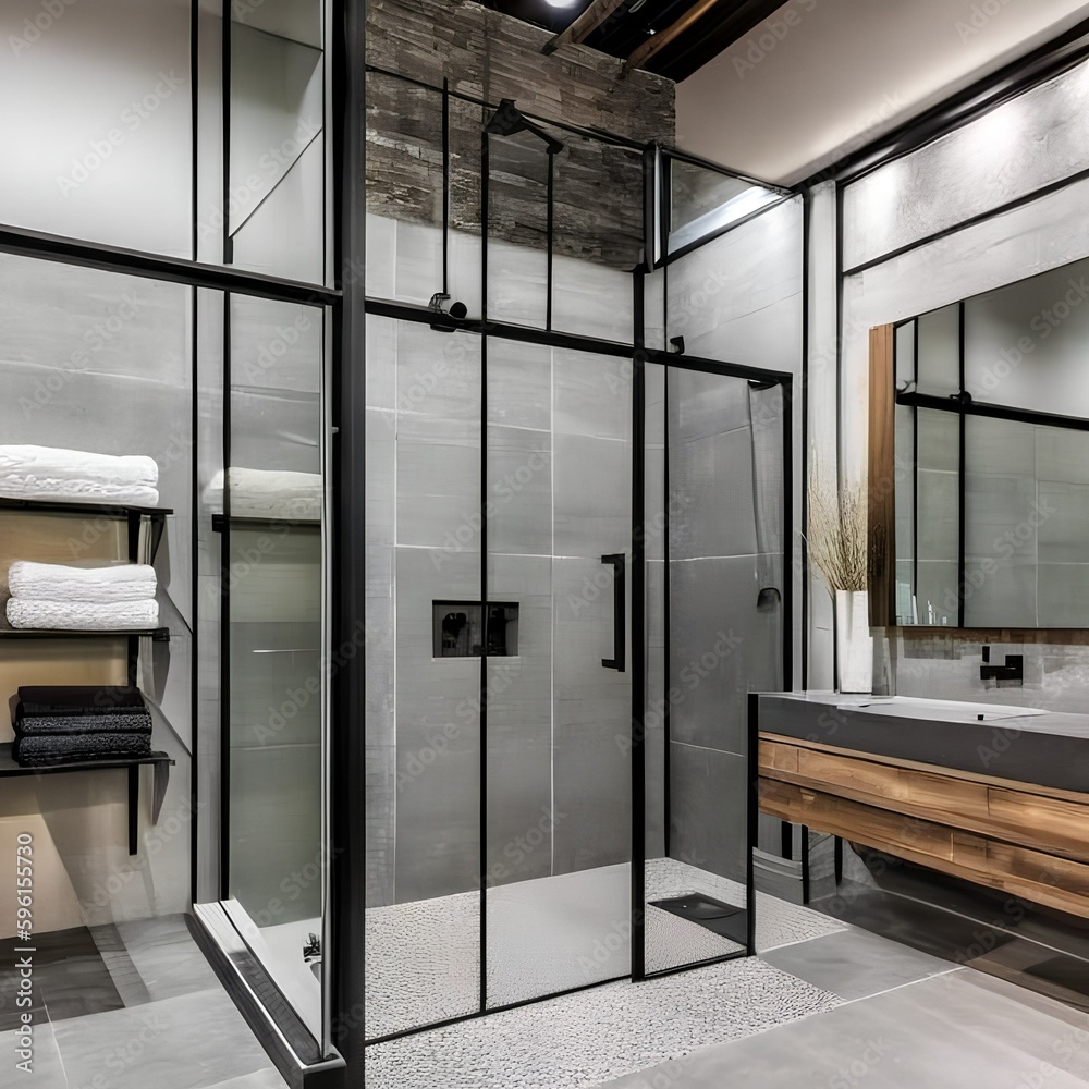 4 A contemporary, industrial-inspired bathroom with a mix of concrete and metal finishes, a large, frameless shower enclosure, and a mix of open and closed storage5, Generative AI