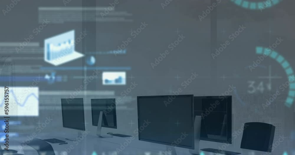 Animation of financial data processing over office Animation of financial data processing over office