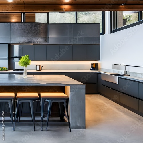 19 A modern  industrial-inspired kitchen with a mix of concrete and metal finishes  a large island with seating  and a mix of open and closed storage5  Generative AI
