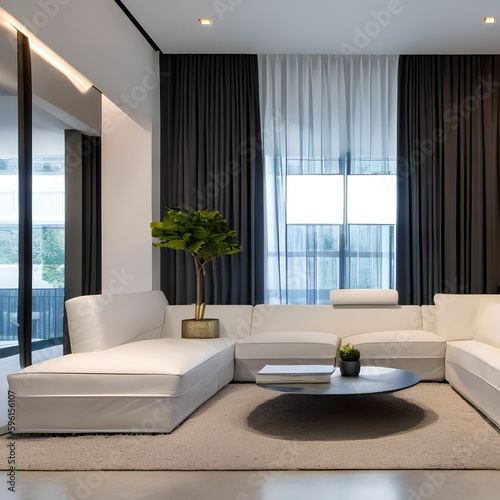 1 A modern, minimalist living room with a mix of white and neutral finishes, a low sectional sofa, and a large, statement floor lamp5, Generative AI photo