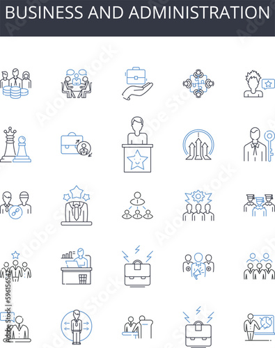 Business and administration line icons collection. Commerce, Management, Financial affairs, Leadership, Commercial affairs, Corporate affairs, Executive affairs vector and linear illustration