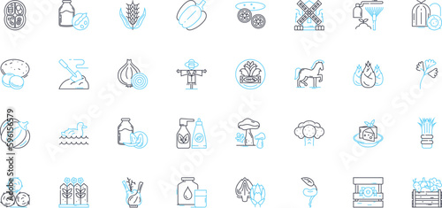 Eco-friendly farming linear icons set. Sustainable, Organic, Composting, Agroforestry, Permaculture, Biodiversity, Aquaponics line vector and concept signs. Crop rotation,Vermiculture,Regenerative