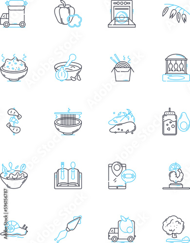 Edible goods trade linear icons set. Market, Supply, Demand, Production, Distribution, Agriculture, Food line vector and concept signs. Consumer,Trade,Export outline illustrations