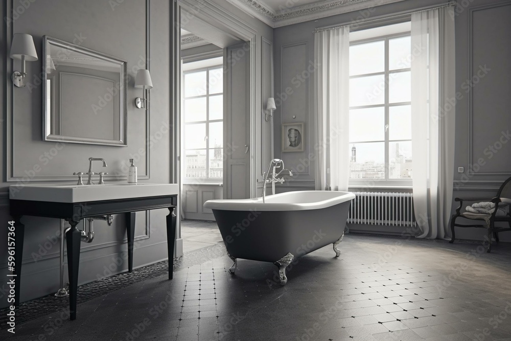 Large grey bathroom with heated floors, standalone bath, empty frames