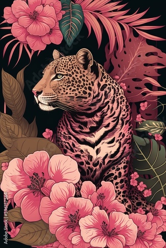 Leopard and tropical flowers. Hand drawn Generative AI illustration in vintage style. photo