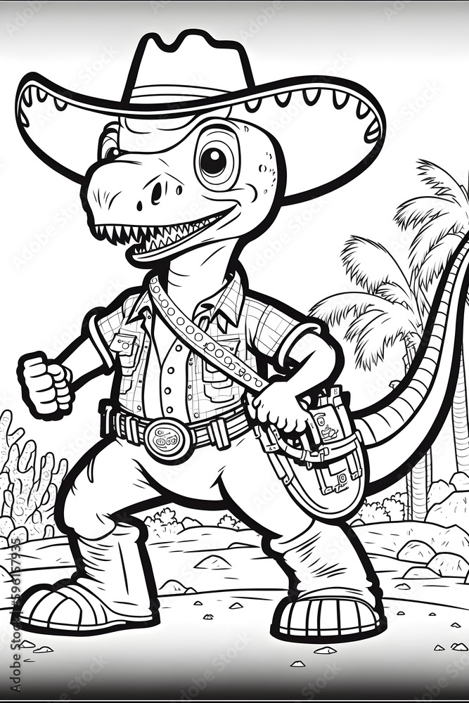 coloring page for kids funny cowboy dinosaur with big belt buckle ...