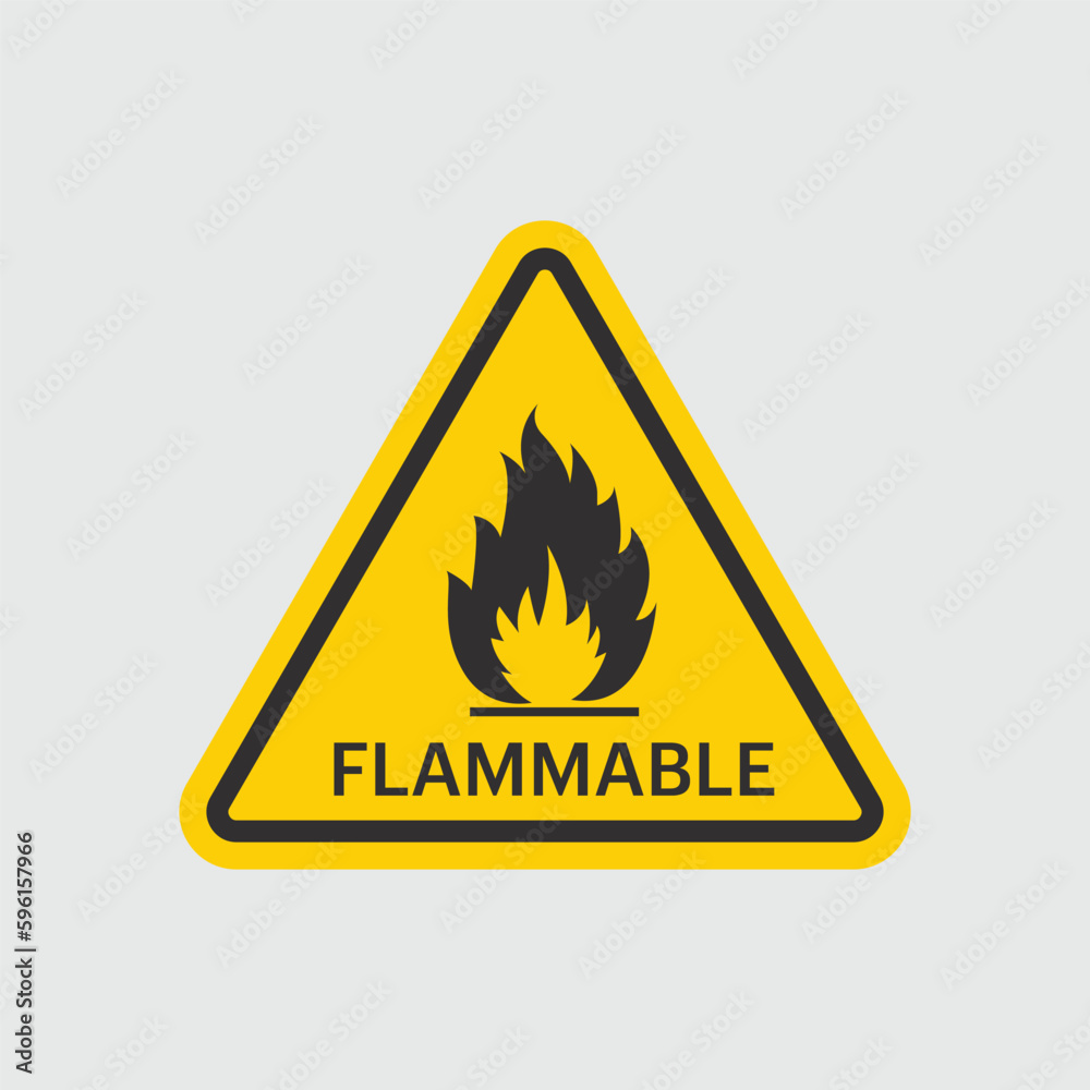 flammable substance, common hazards symbols on yellow round triangle board warning sign for icon. burning, fire, flammable. flammable substance, common hazards symbols on yellow round triangle board warning sign for icon. burning, fire, flammable.