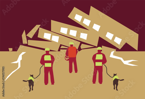 Rescuers and a destroyed building. Editable Clip Art.