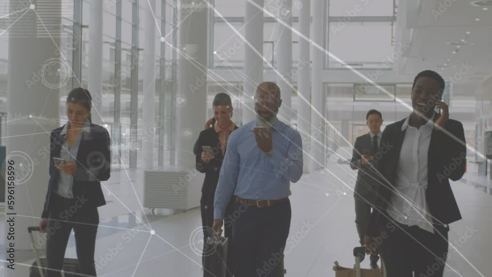 Animation of network of connections over diverse business people Animation of network of connections over diverse business people