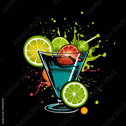 А refreshing fruit drink that is popular in the summer. Cocktail illustration on the black background vector. logo	
