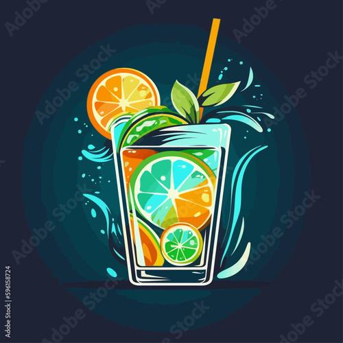 А refreshing fruit drink that is popular in the summer. Cocktail illustration on the blue background vector. logo	
