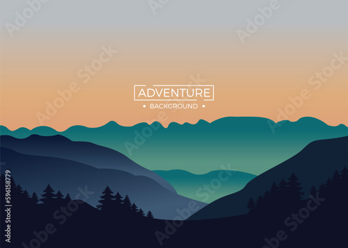 Landscape adventure mountains sunset background with red light reflection. Background illustration. 