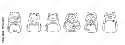 School backpack set for firts grader.Vector illustration in line style.