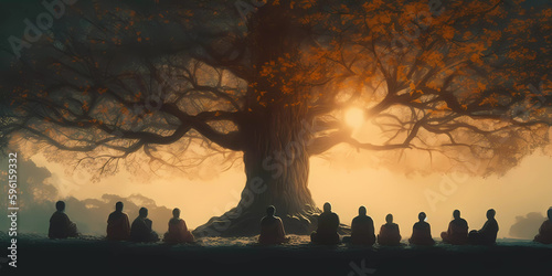 People praying and meditating under a bodhi tree. Vesak Day concept.  photo