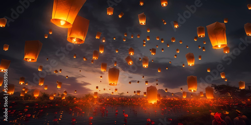 Countless wishing lanterns floating into the sky on Vesak Day. Night. photo
