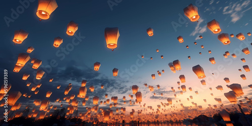 Countless wishing lanterns floating into the sky on Vesak Day. Evening.