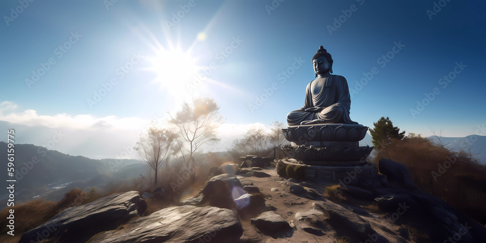 Giant Buddha statue sitting tranquilly on a mountain top under a clear blue sky and strong sunlight. Vesak Day concept. Giant Buddha statue sitting tranquilly on a mountain top under a clear blue sky and strong sunlight. Vesak Day concept.