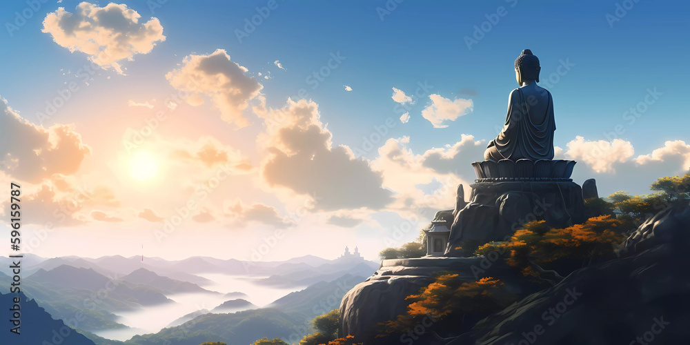 Giant Buddha statue sitting tranquilly on a mountain top under a clear blue sky and strong sunlight. Vesak Day concept.
