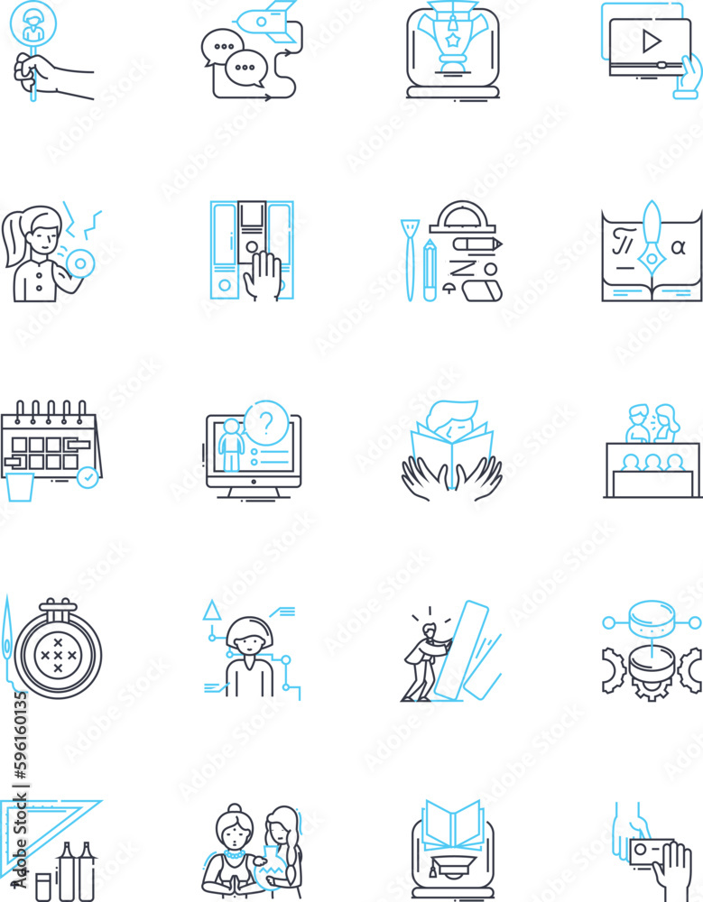 Virtual college linear icons set. E-learning, Online courses, Distance education, Webinar, Digital classroom, Cyber campus, Video lectures line vector and concept signs. Virtual lectures,Remote