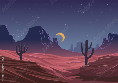 Vector desert night landscape with moon and stars