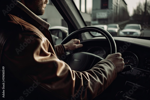 Close up handsome young man in work suit holding steering wheel driving on highway road