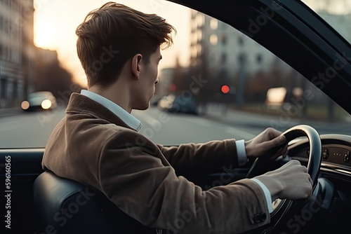 Close up handsome young man in work suit holding steering wheel driving on highway road © ttonaorh