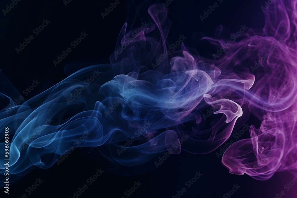 Dark abstract background with blue and purple neon smoke waves. Generative AI
