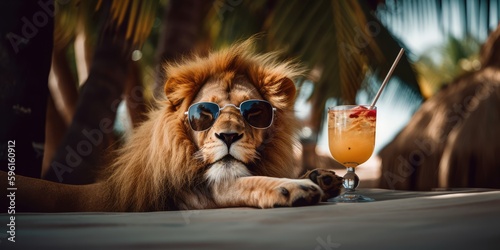 lion is on summer vacation at seaside resort and relaxing on summer beach