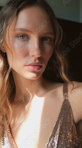 Fotografia plunging neckline glistening skin natural closeup woman dress tan princess light