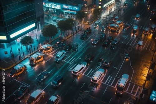 A modern metropolis with self-driving robots managing traffic. Generative AI
