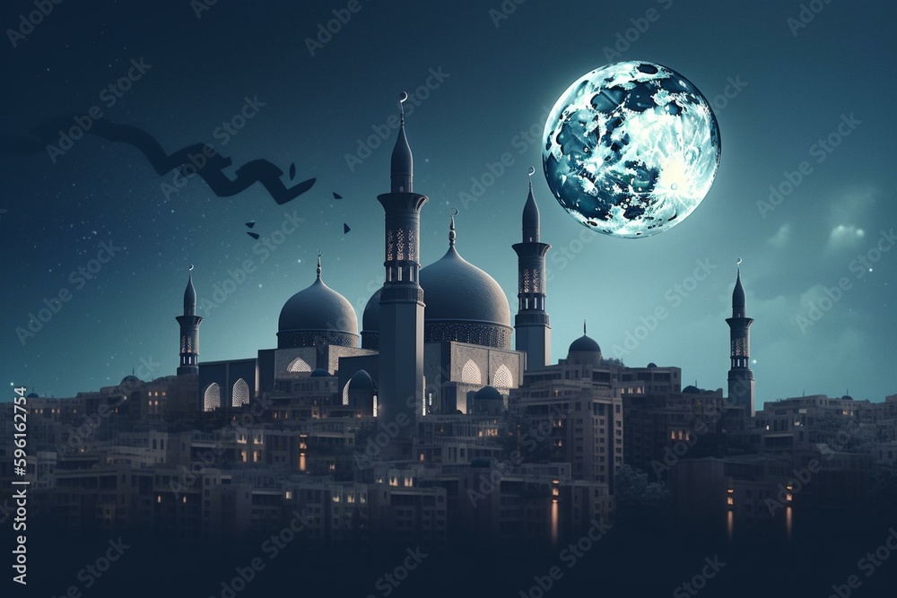 Greeting banner for Islamic holidays featuring a moon and an Arab city on a blue background. Generative AI