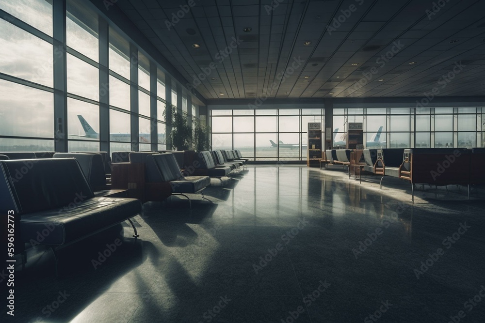Deserted airport lounge, distant airplane. (AI-generated). Generative AI