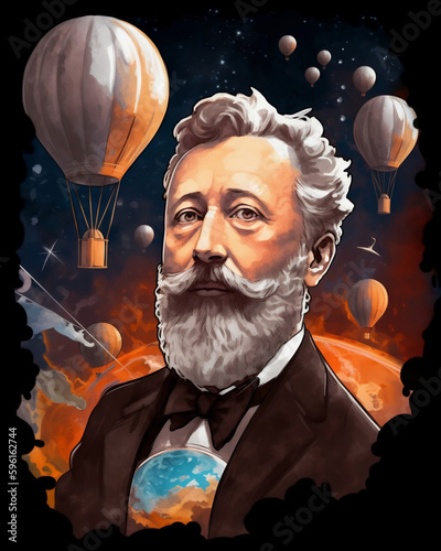 Jules Verne portrait, hot air balloons, speculative fiction (Generative AI)