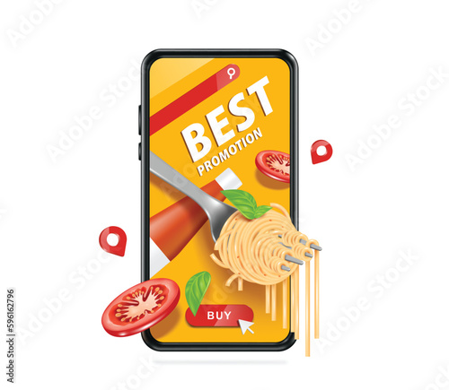 Spaghetti roll fork, ketchup bottle, sliced ​​tomatoes appears on smartphone screen after customer press buy order button below