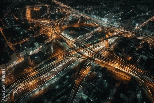 Night view of city interchange and traffic from above. Generative AI