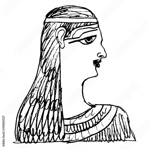 Portrait in profile of antique woman. Ancient Egyptian lady. Hand drawn linear doodle rough sketch. Black silhouette on white background.