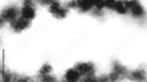 Halftone smoke frame texture. Black and white dotted fog or smog background. Comic style design element for banners, collages, posters, flyers. Monochrome grunge wallpaper. Vector 