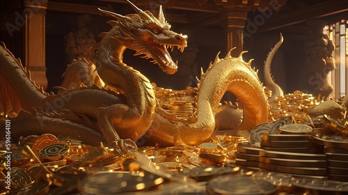 dragon guards hoard of golden treasure, digital art illustration, Generative AI © Artcuboy