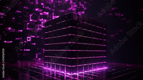 3d rendering of black cubes with purple neon lights on black background.Generative Ai