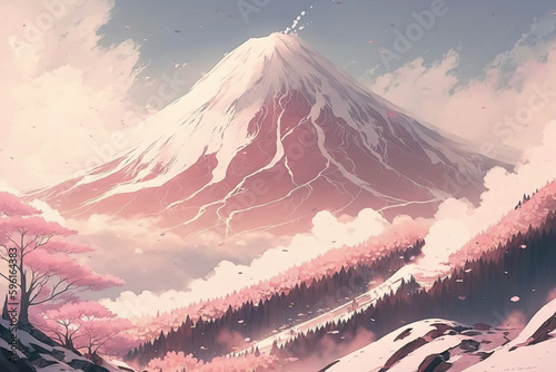 a painting with the name of fuji, in a pink color, in the style of anime art, mysterious backdrops, soft, muted palette, snow scenes