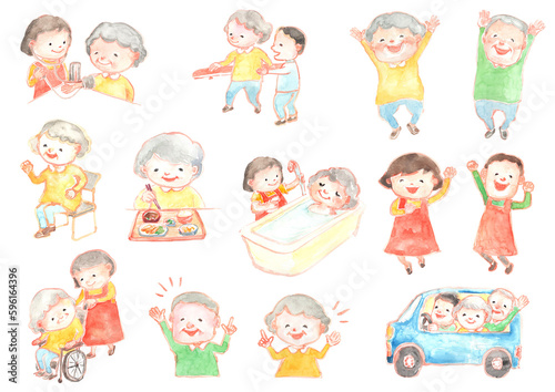 水彩で描いた色々な介護サービスのイラストセット