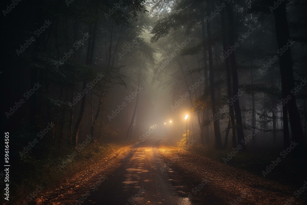 Rural road leading to misty and glowing lights amidst forest woods. Generative AI
