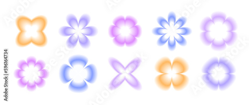 Y2k smooth gradient flowers set. Blurry flower aura collection. Abstract blurred trendy elements for logo, templates, badges, stickers. Vector illustration pack 