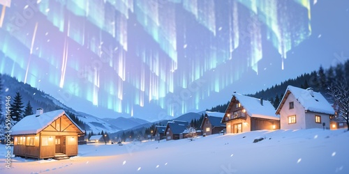 anime style background, winter landscape aurora, mountain, village, lake, europe, snow, Alps, norwegian nature, night, generative ai, generative, ai