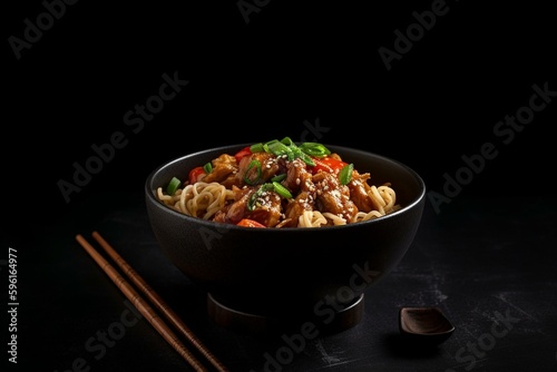 Sesame chicken udon noodles on dark stone background. Generative AI