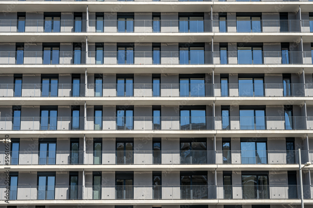 Facade of a modern apartment building seen in Barcelona, Spain Facade of a modern apartment building seen in Barcelona, Spain