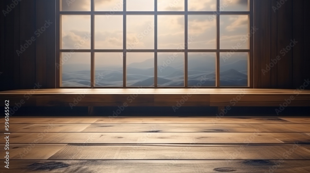 Empty wood floor with blur window mountain view background. Generative AI.
