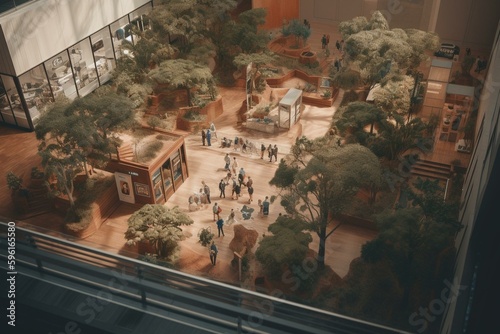 A 3D museum gallery viewed from an isometric angle in an outdoor setting. Generative AI photo